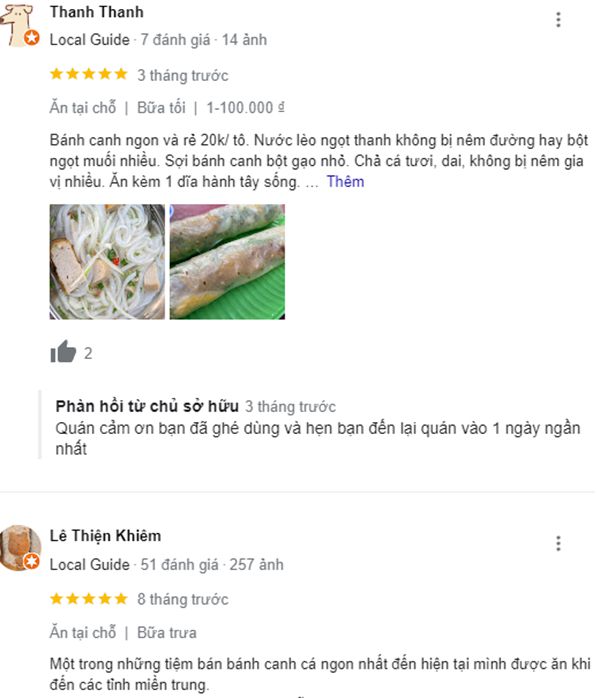 Tổng hợp ý kiến của khách hàng về quán bánh canh Duyên