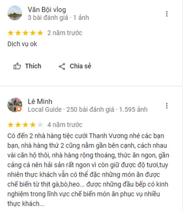 Những nhận xét của khách hàng về nhà hàng Vương Thanh